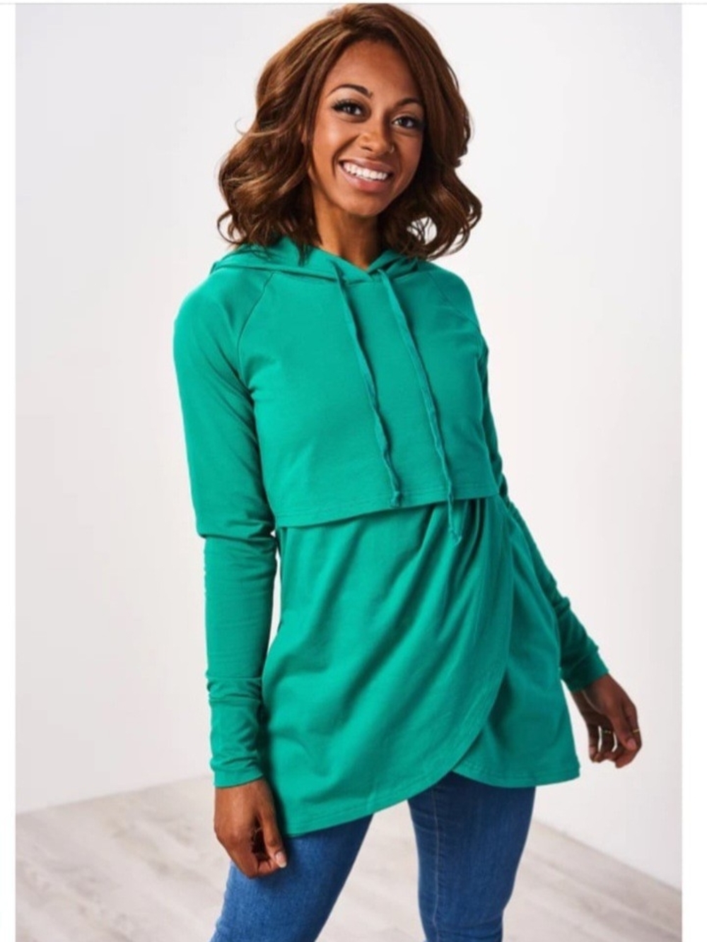 Latched Mama Cotton Emerald Green Petal Layered Nursing Hoodie